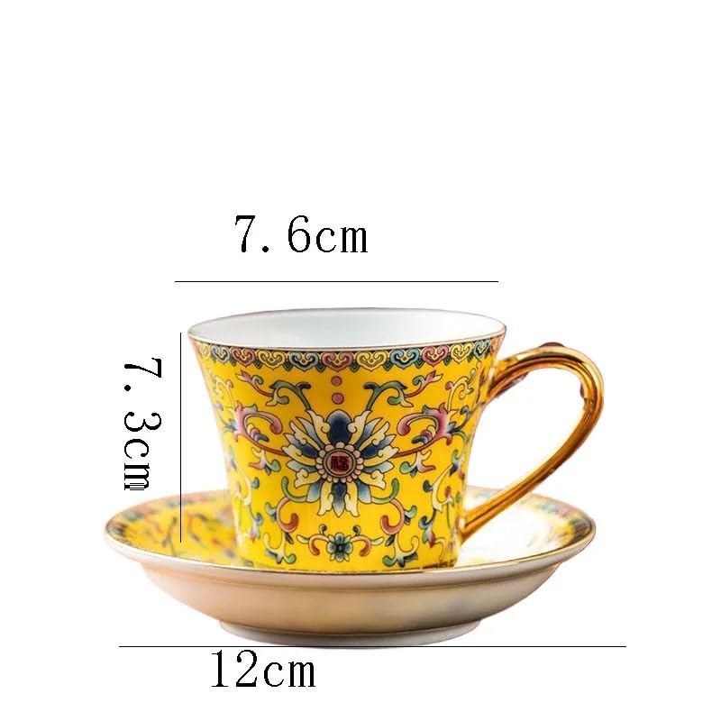Vintage Floral Tea Cup and Saucer Set, Yellow with Gold Handle, 4-Piece Set L182