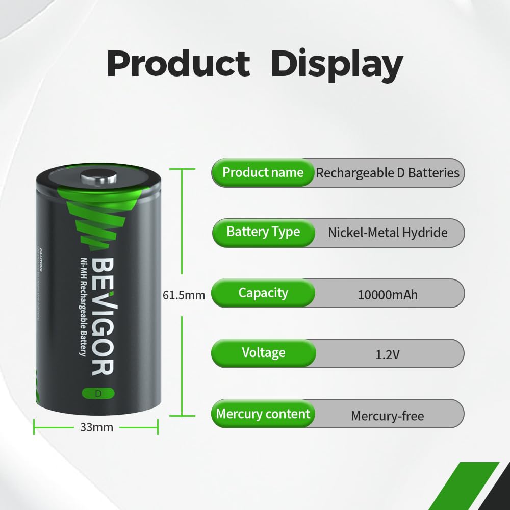 Rechargeable D Batteries 10000mAh NiMH 4 Count Y86355