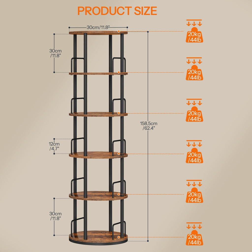 5-Tier Rotating Bookshelf, 360° Spinning Bookcase, Rustic Brown N289826