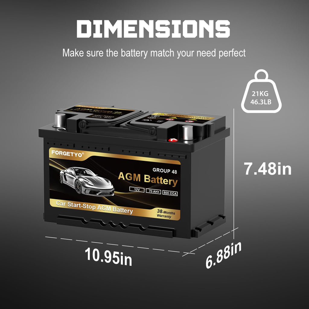 Group Size 48 AGM Car Battery, 12V 70 AH, 800 CCA I90103