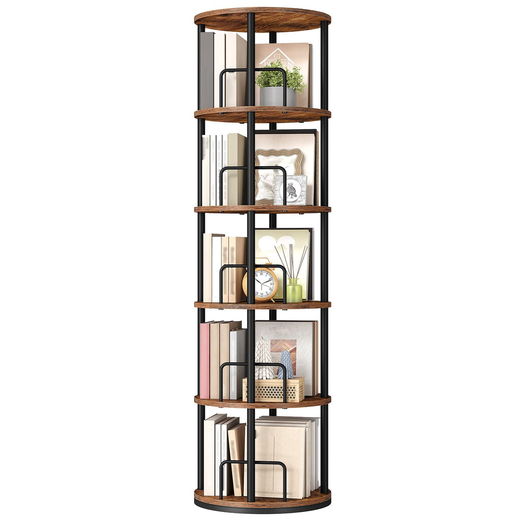 5-Tier Rotating Bookshelf, 360° Spinning Bookcase, Rustic Brown N289826