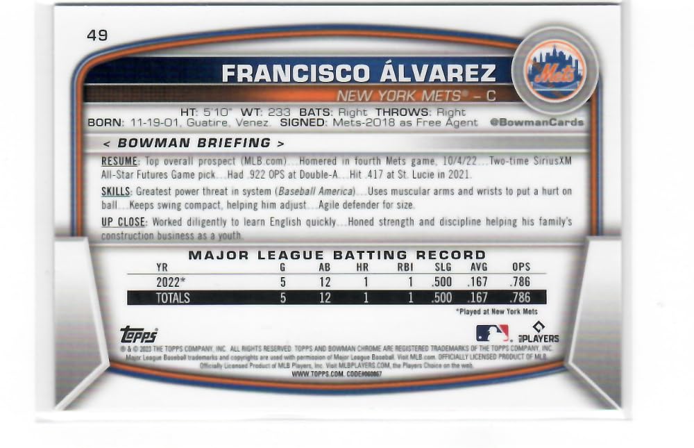 2023 Bowman Chrome Mega Box Mojo Refractor Red #49 Francisco Alvarez RC Baseball Card B9192