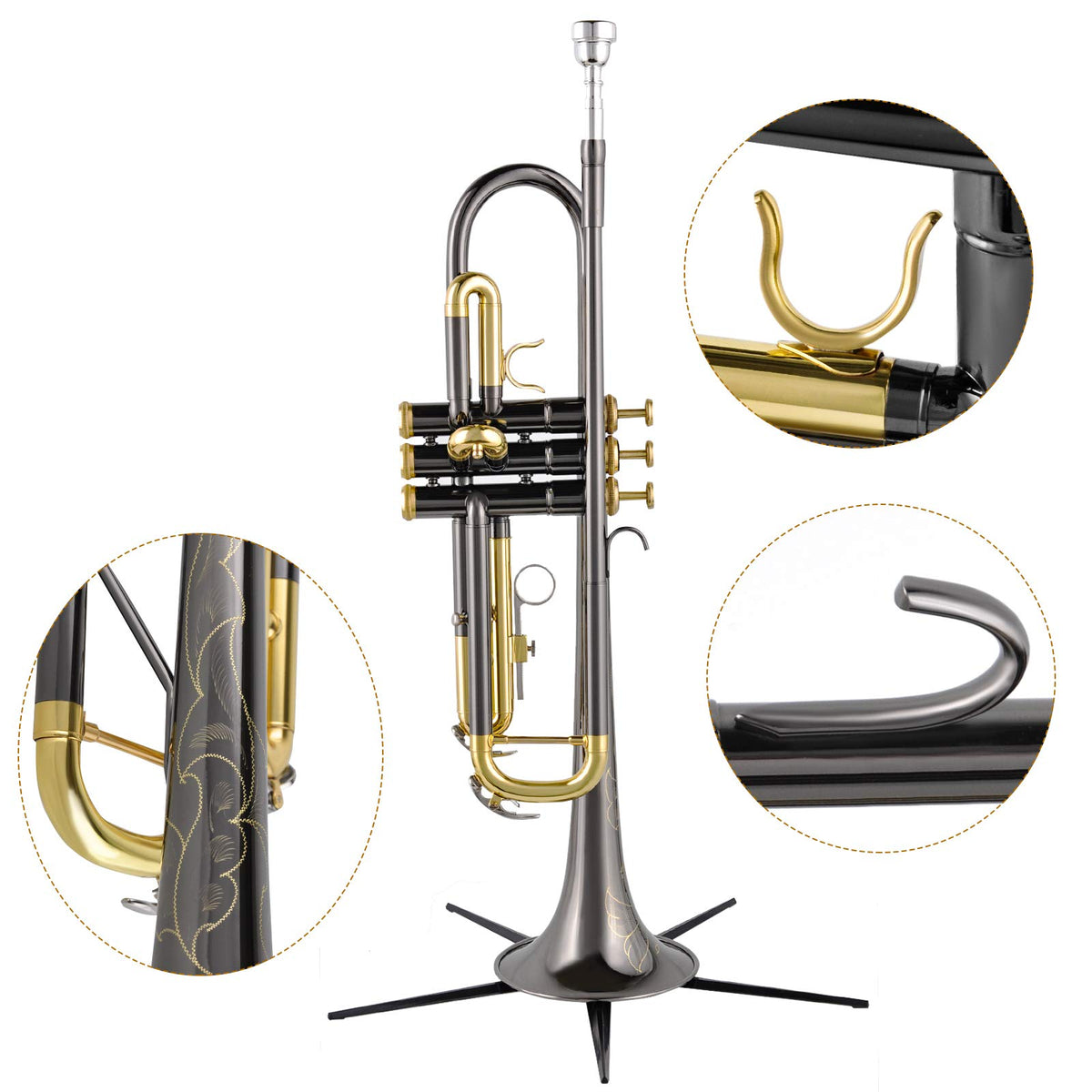 Bb Trumpet Set with Carrying Case, Gloves, 7C Mouthpiece, Tuning Rod, Black Nickel W709