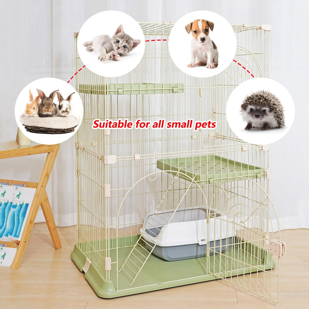 3/4-Tier Wire Cat Cage Playpen Kennel with Hammock and 3 Platforms C72399