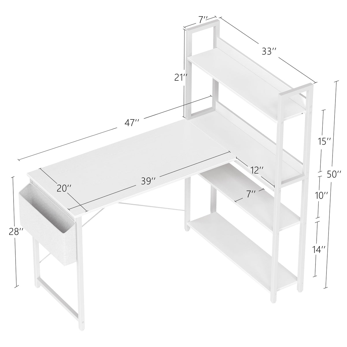 47 Inch White Computer Desk with Bookshelf T902