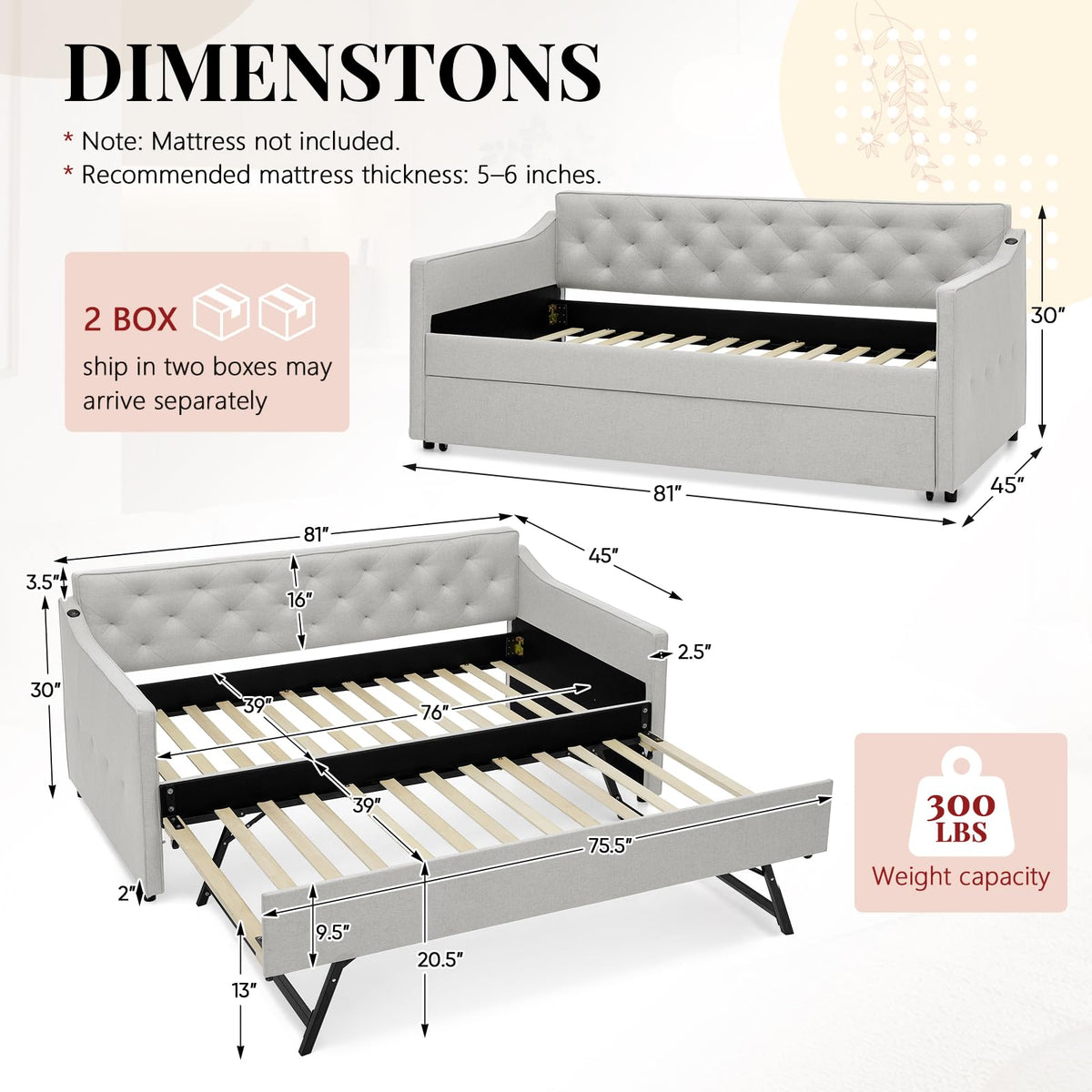 Twin to King Size Beige Daybed with Pop Up Trundle S948