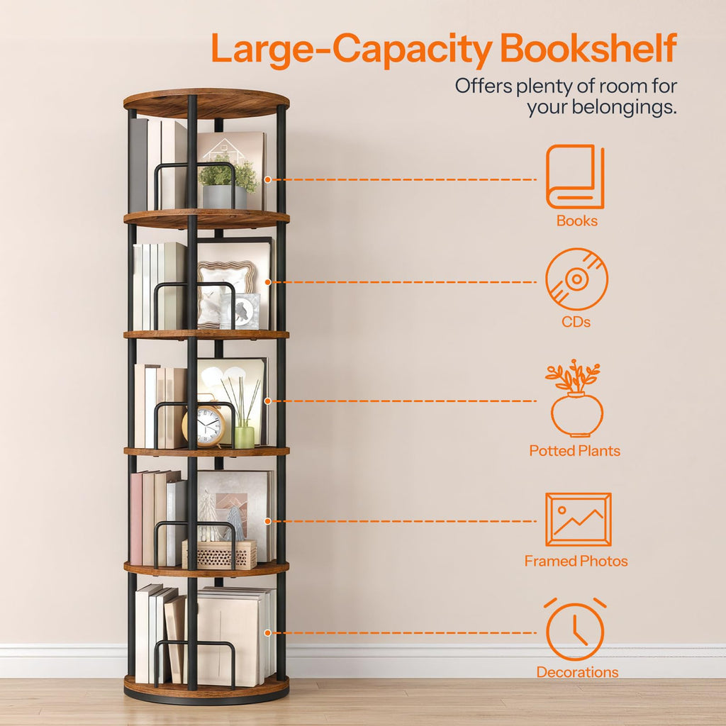 5-Tier Rotating Bookshelf, 360° Spinning Bookcase, Rustic Brown N289826