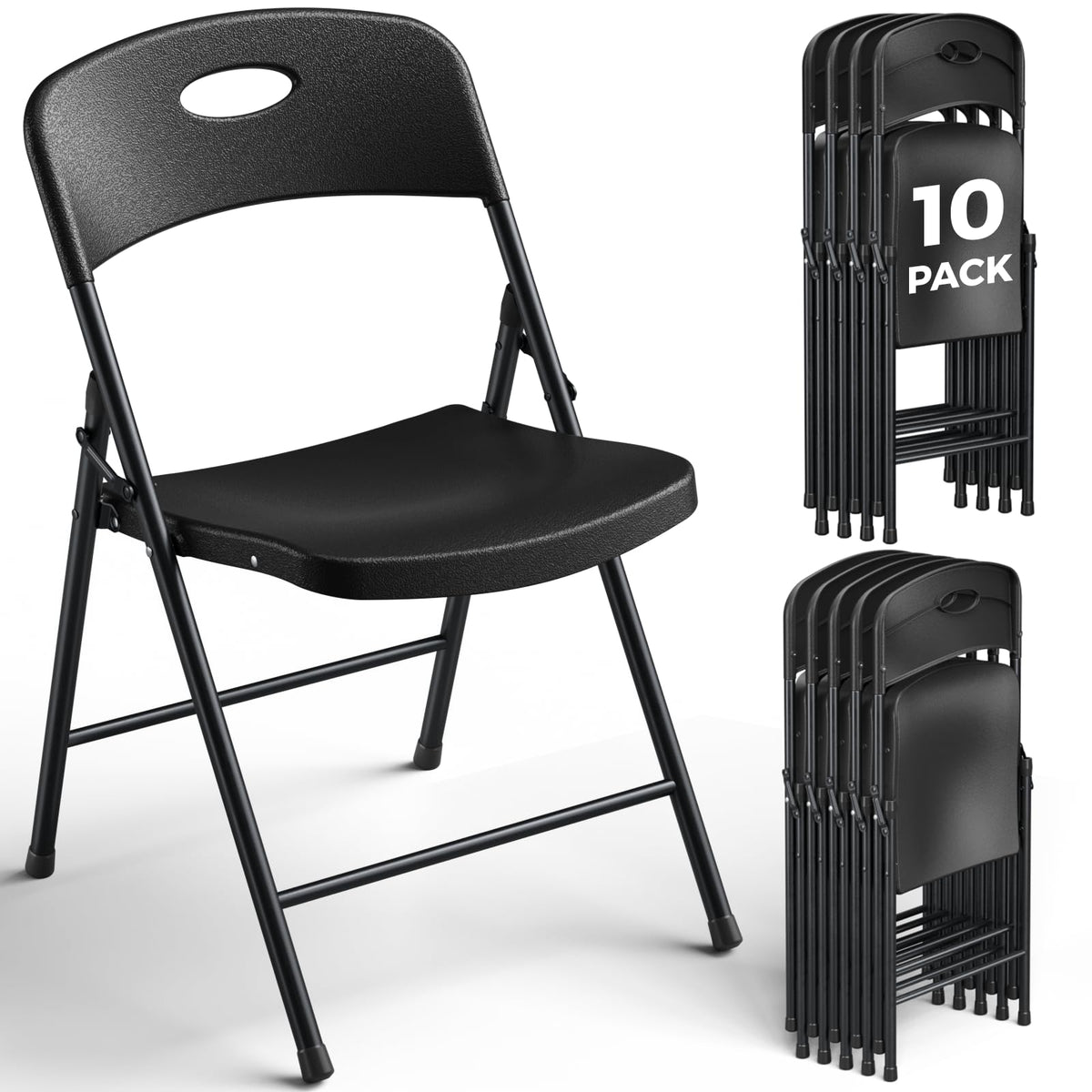 Black 10 Pack Plastic Folding Chair with Steel Frame D585