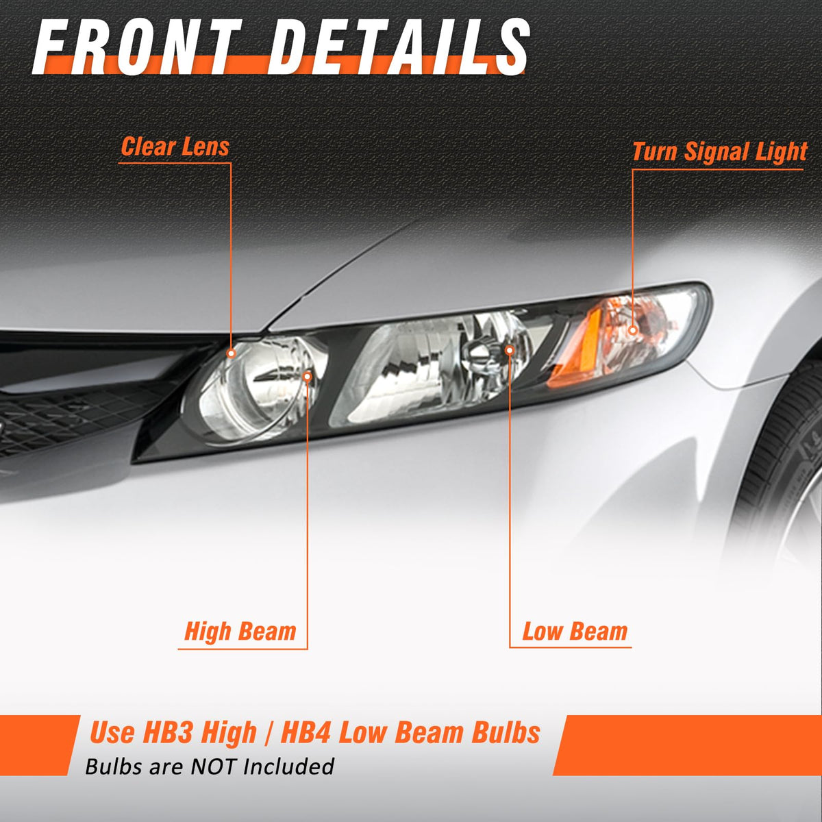 2006-2011 Honda Civic 4 Door Black Headlights Pair X3749