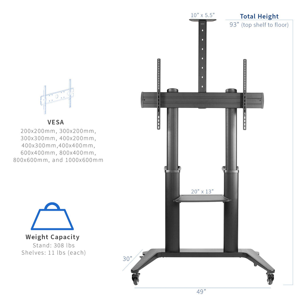 Aluminum Mobile TV Cart for 32 to 120 inch Screens up to 308 lbs, Black E2285