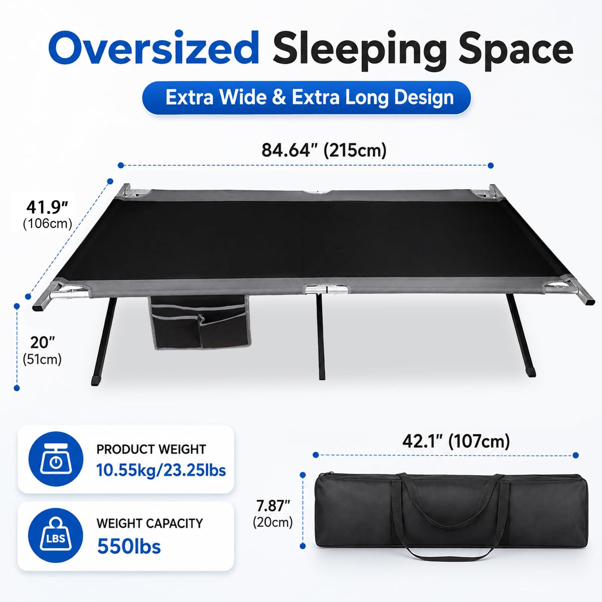 42" Extra Wide Heavy Duty Folding Cot Bed with Carry Bag E191