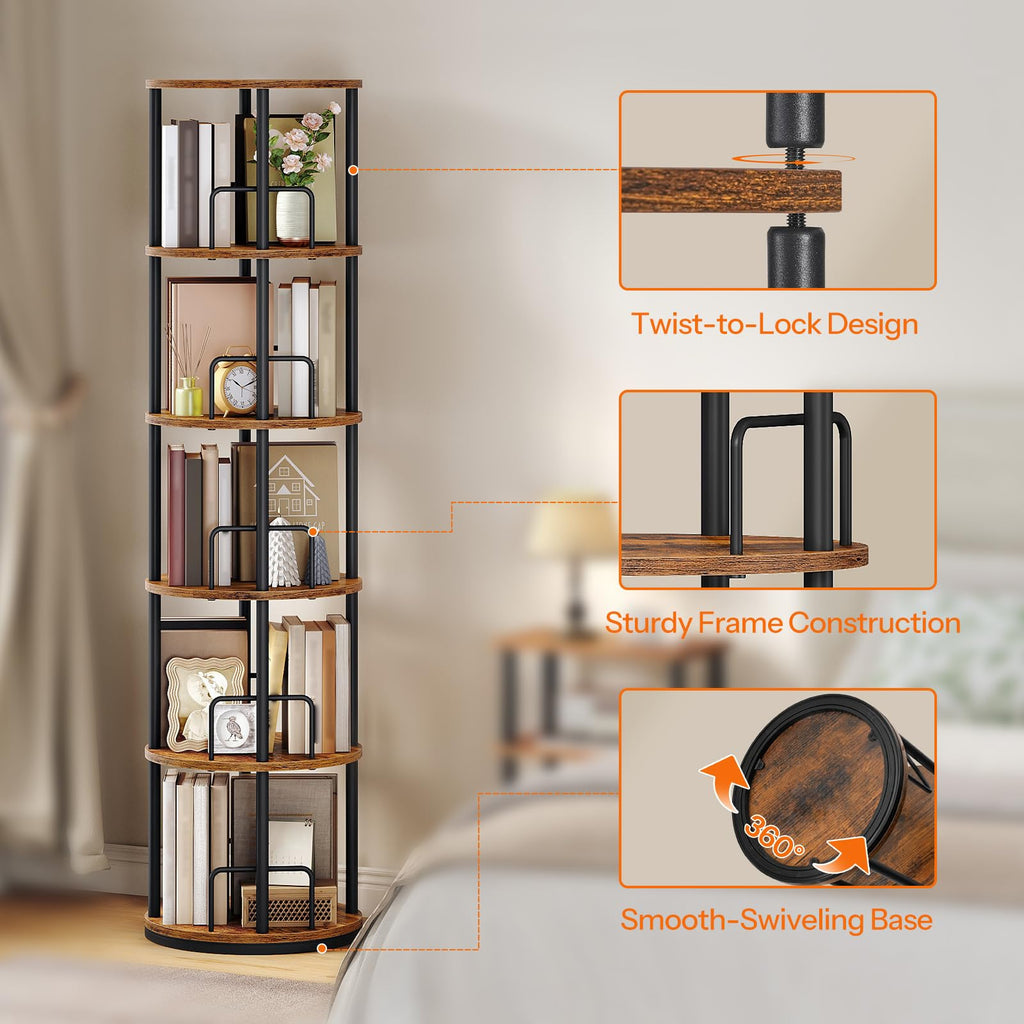 5-Tier Rotating Bookshelf, 360° Spinning Bookcase, Rustic Brown N289826