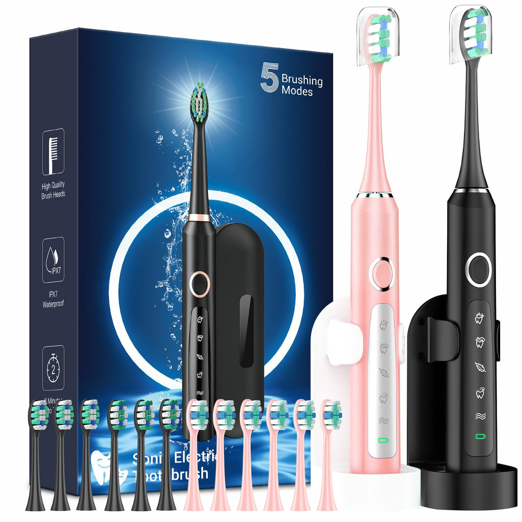 2 Pack Rechargeable Electric Toothbrush with 12 Brush Heads & 2 Travel Case J8232