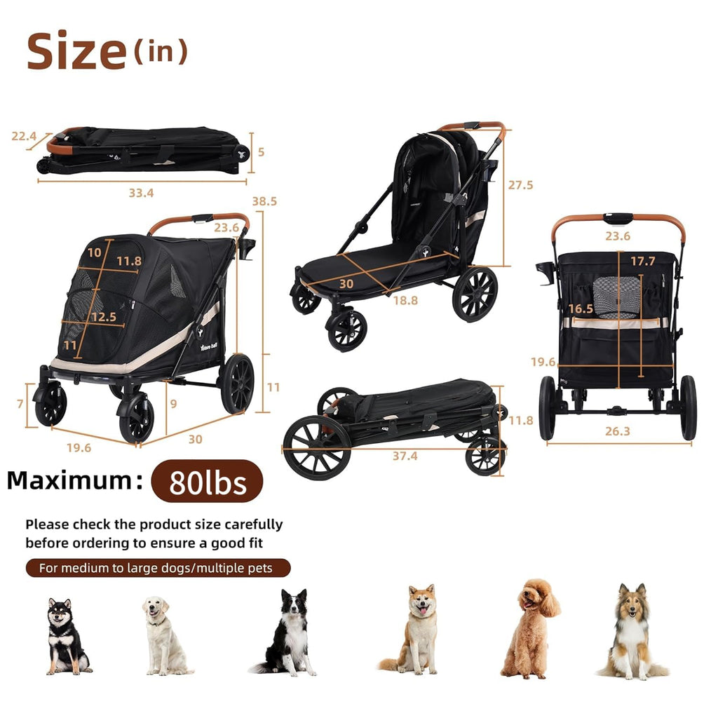 Black Large 4 Wheel Dog Stroller with Storage Pocket M933