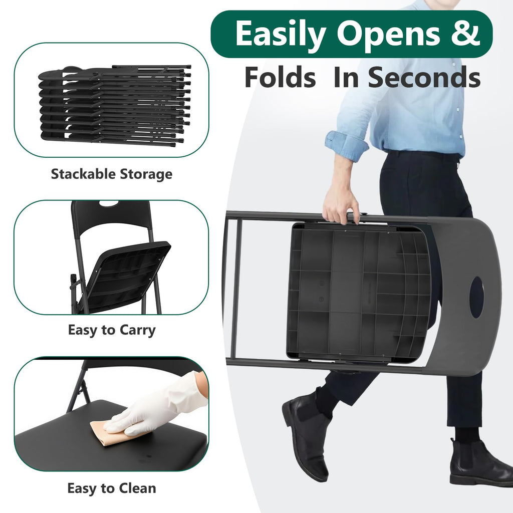 Black 10 Pack Plastic Folding Chair with Steel Frame D585