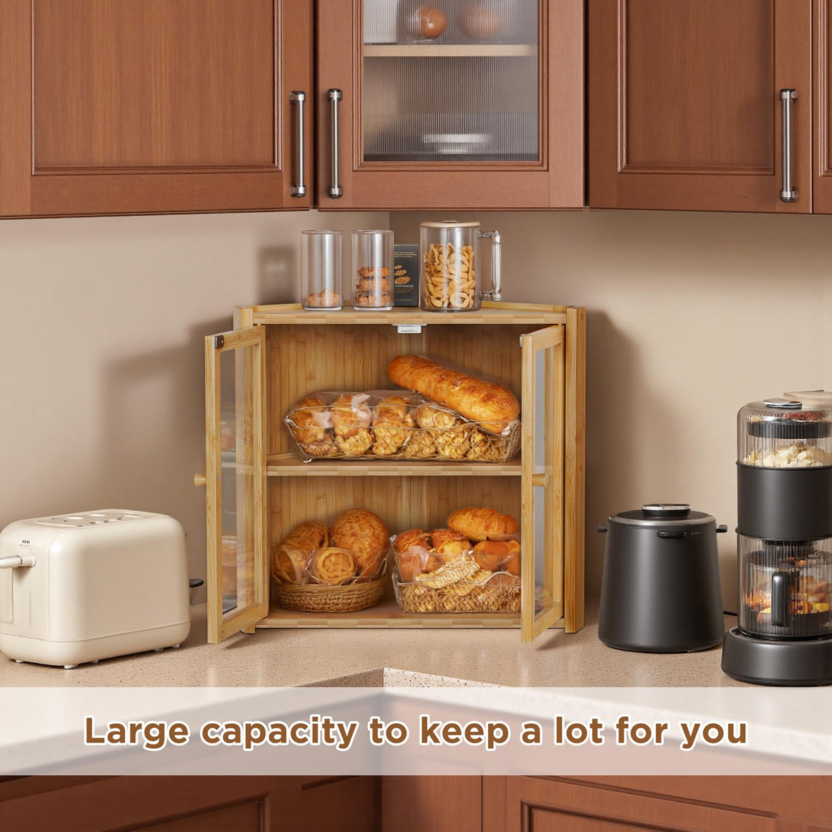 Double Layer Bamboo Bread Box with 2 Doors N9101