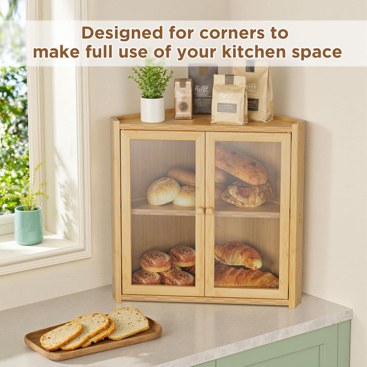 Double Layer Bamboo Bread Box with 2 Doors N9101