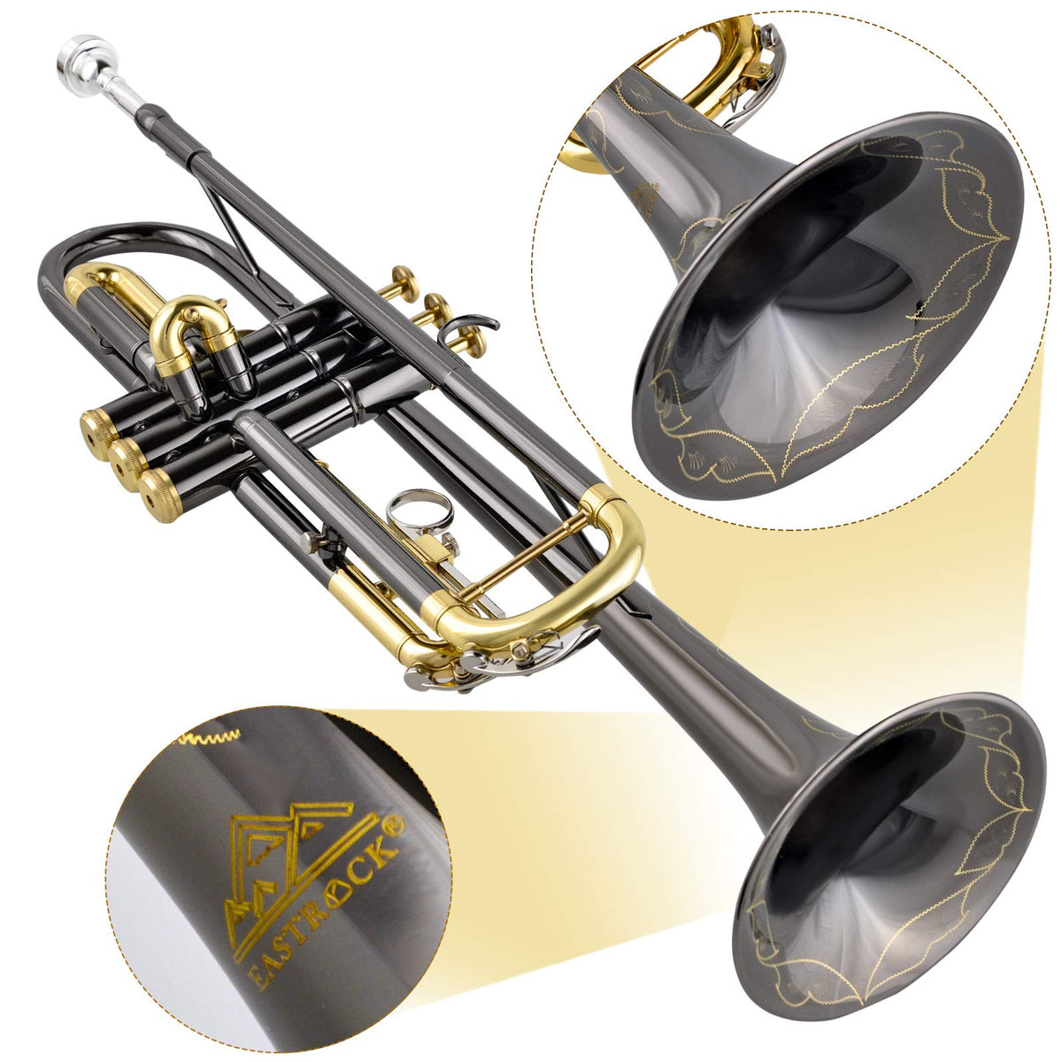 Bb Trumpet Set with Carrying Case, Gloves, 7C Mouthpiece, Tuning Rod, Black Nickel W709