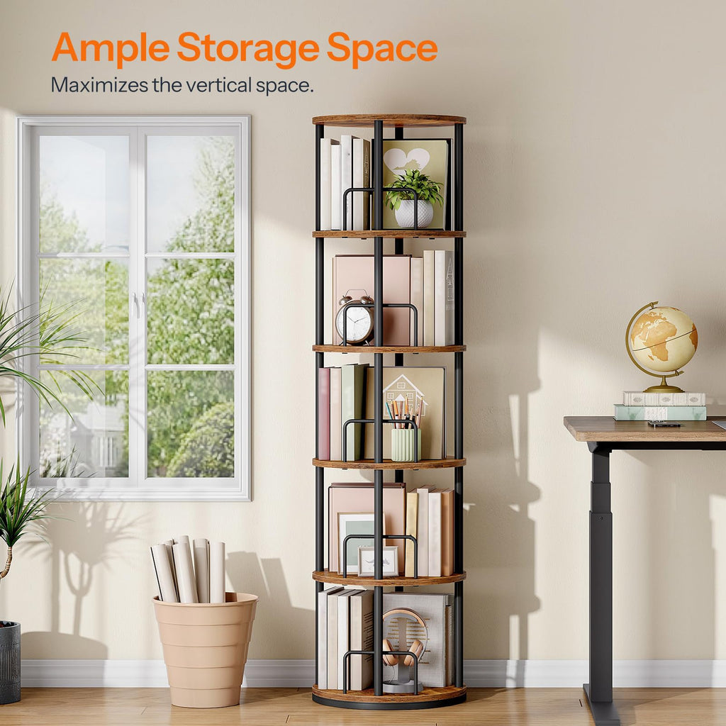 5-Tier Rotating Bookshelf, 360° Spinning Bookcase, Rustic Brown N289826
