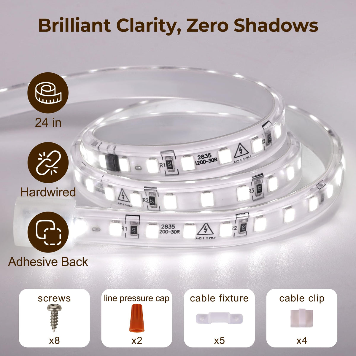 24inch 120V Wired Under Cabinet LED Strip Lights 6000K White Waterproof T4996
