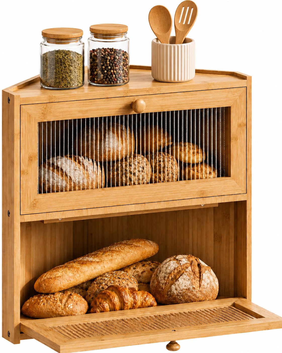 Double Layer Bamboo Bread Box with Wavy Windows T8681
