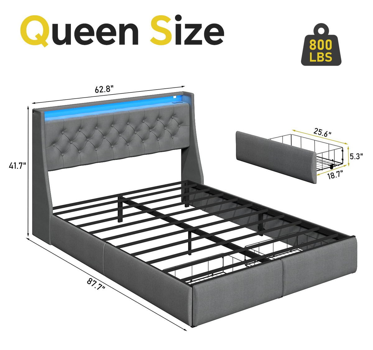 Queen Size Grey Bed Frame with 2 Storage Drawer R968