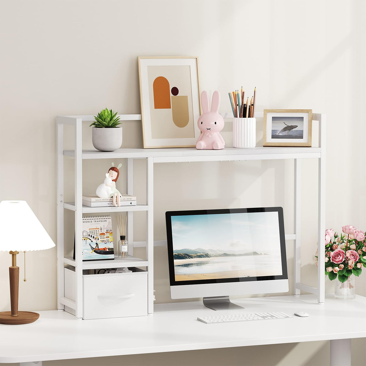White Wood Desk Shelf with Drawer C450