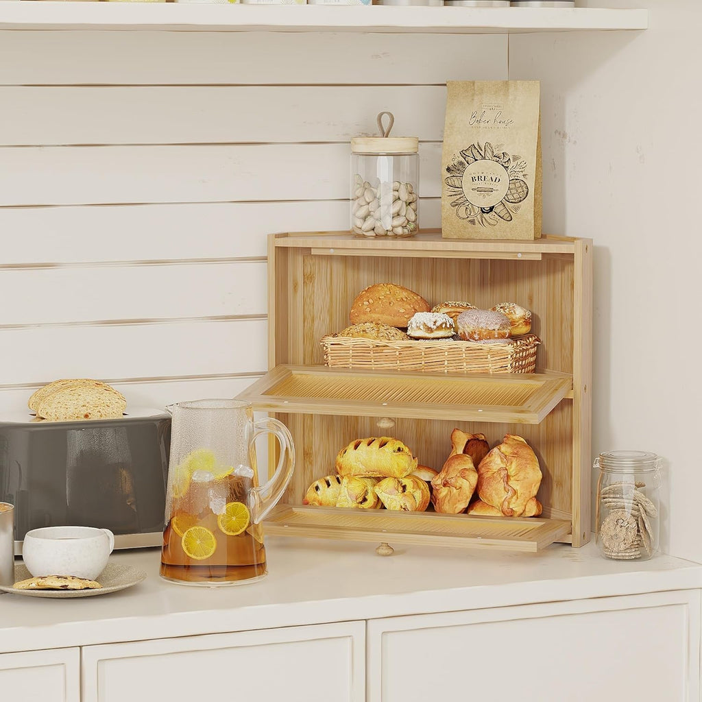 Double Layer Bamboo Bread Box with Wavy Windows T8681