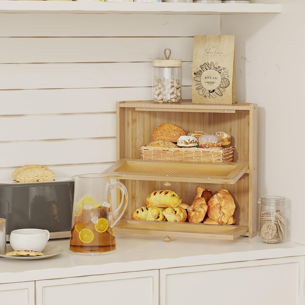 Double Layer Bamboo Bread Box with Wavy Windows T8681