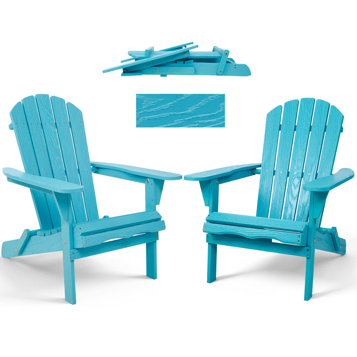 Folding Adirondack Chairs Set of 2 Solid Wood Turquoise Blue B5124