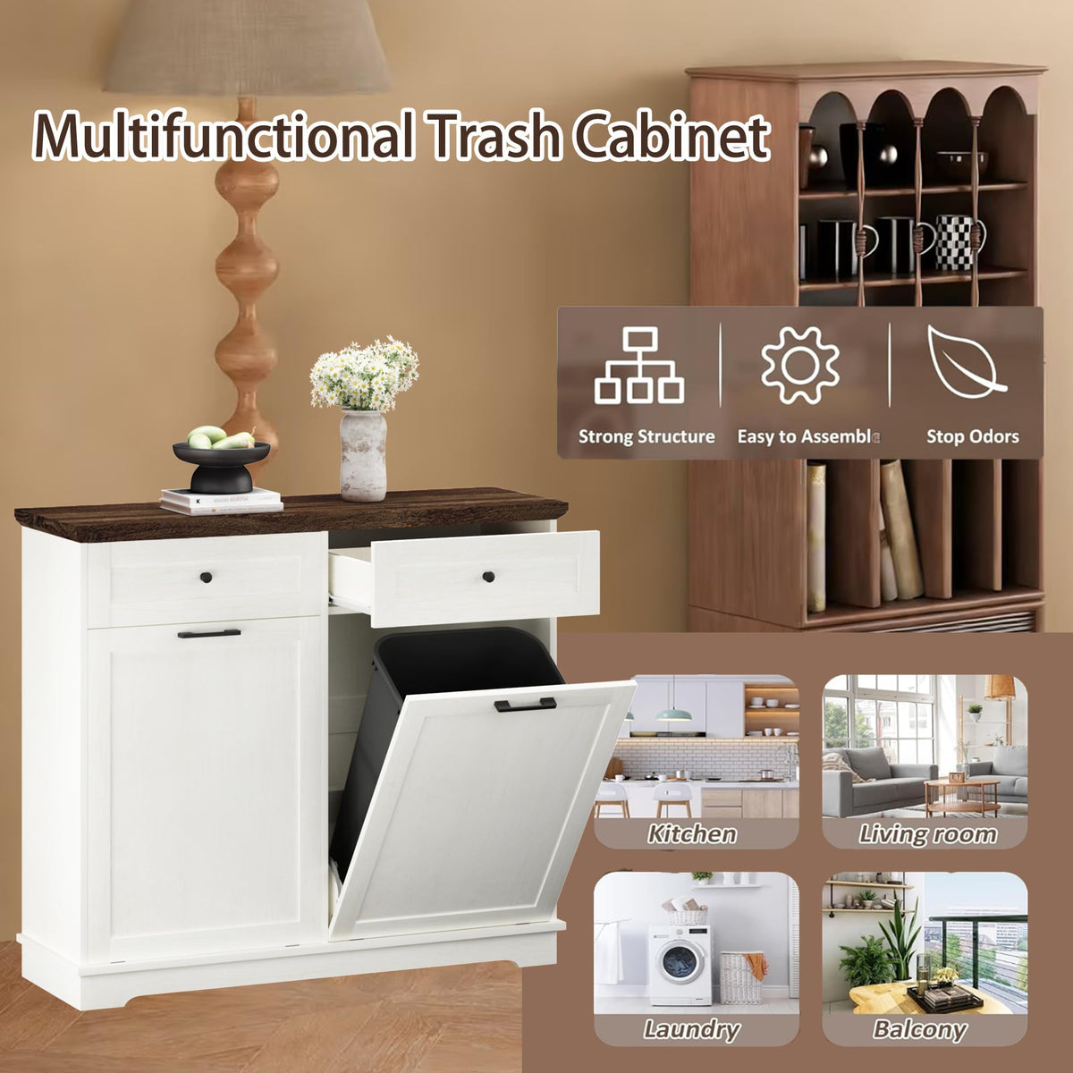 20 Gallon Wooden Tilt Out Trash Can Cabinet with Drawers A584622