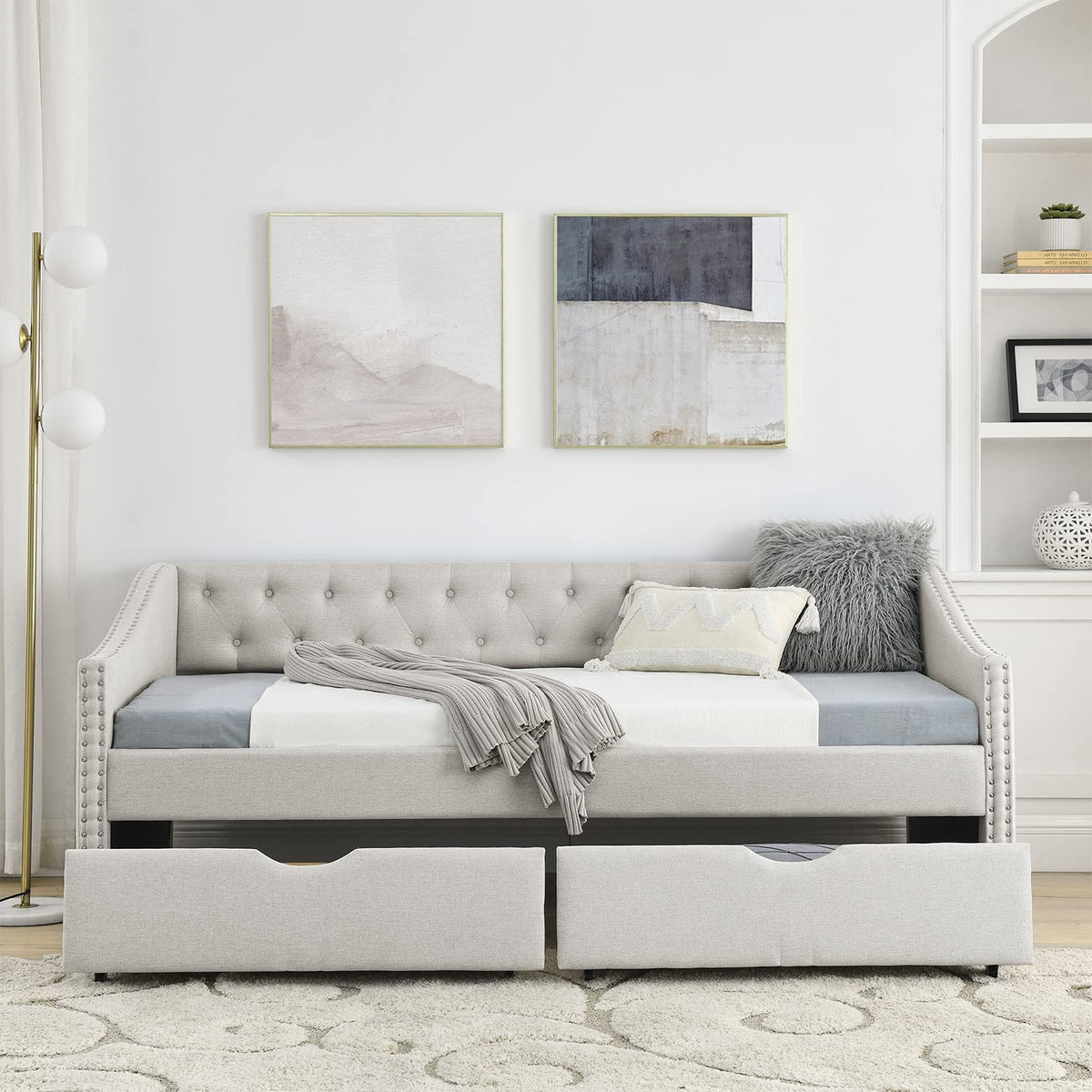 Beige Twin Size Upholstered Daybed with Drawers T887968