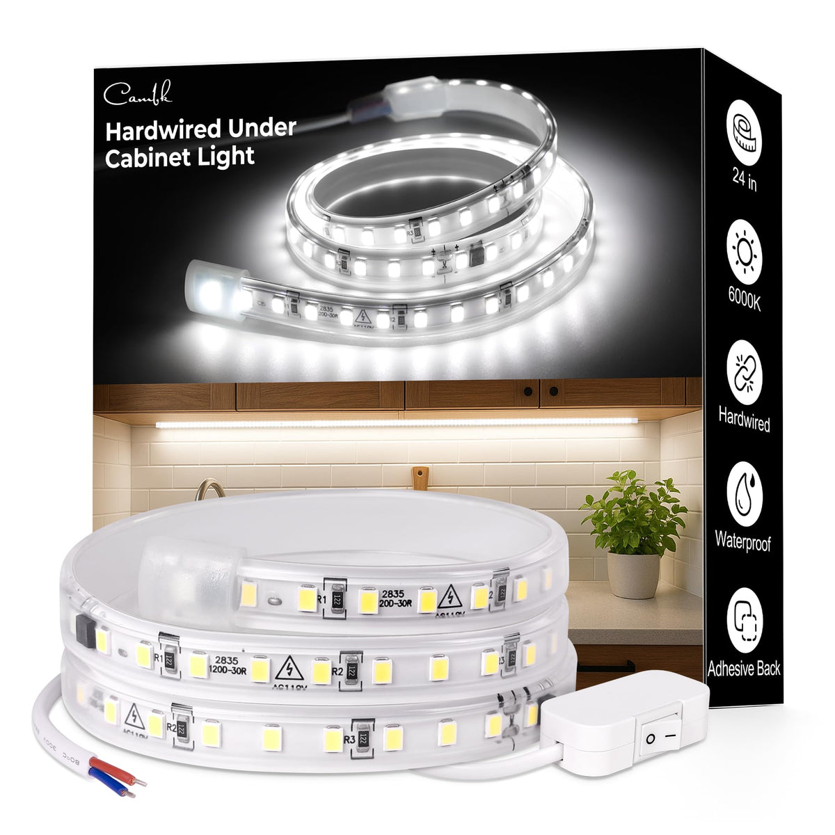 24inch 120V Wired Under Cabinet LED Strip Lights 6000K White Waterproof T4996