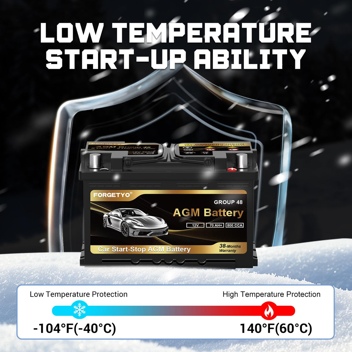 Group Size 48 AGM Car Battery, 12V 70 AH, 800 CCA I90103
