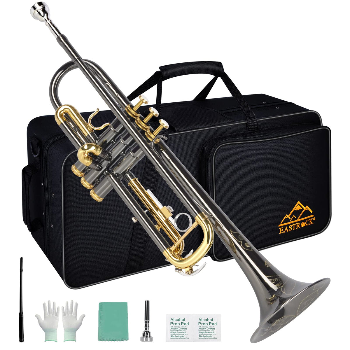 Bb Trumpet Set with Carrying Case, Gloves, 7C Mouthpiece, Tuning Rod, Black Nickel W709