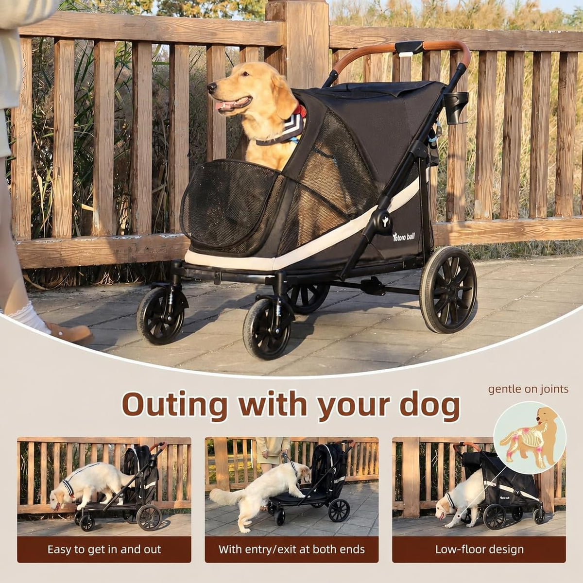 Black Large 4 Wheel Dog Stroller with Storage Pocket M933