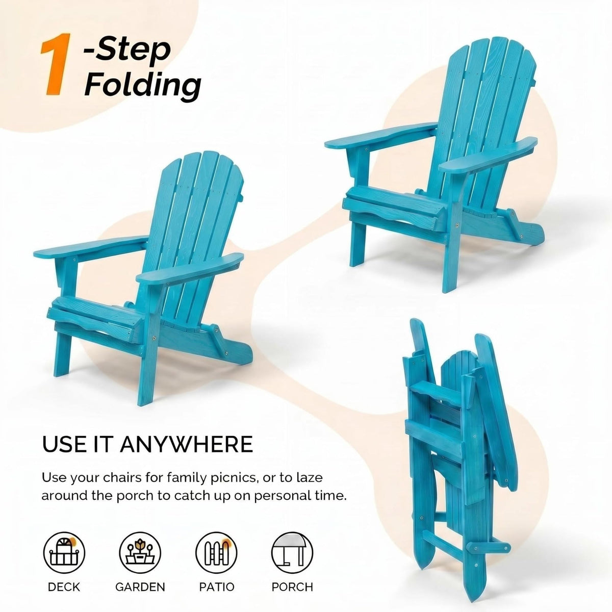 Folding Adirondack Chairs Set of 2 Solid Wood Turquoise Blue B5124