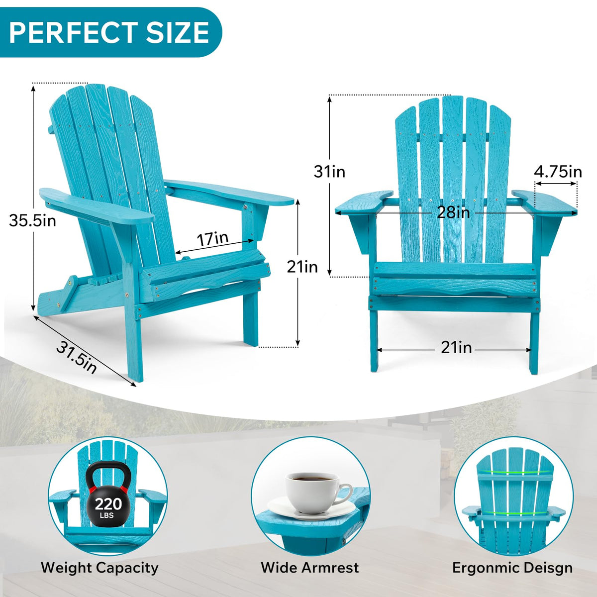 Folding Adirondack Chairs Set of 2 Solid Wood Turquoise Blue B5124