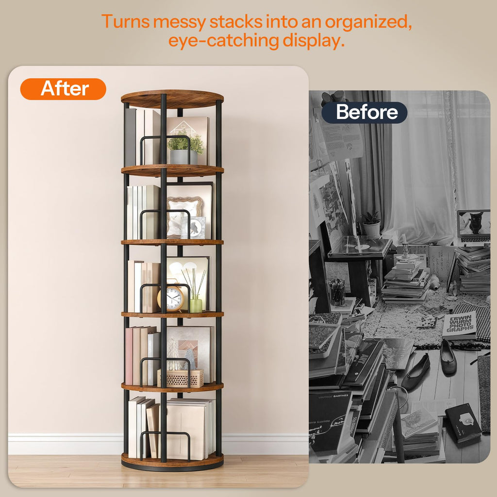 5-Tier Rotating Bookshelf, 360° Spinning Bookcase, Rustic Brown N289826