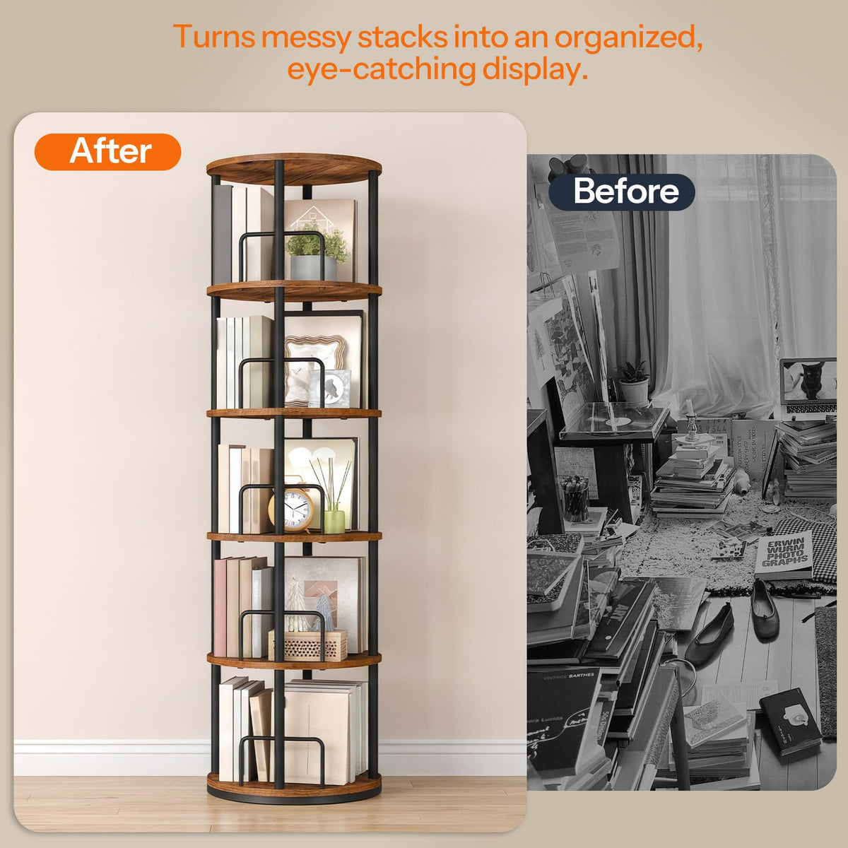 5-Tier Rotating Bookshelf, 360° Spinning Bookcase, Rustic Brown N289826