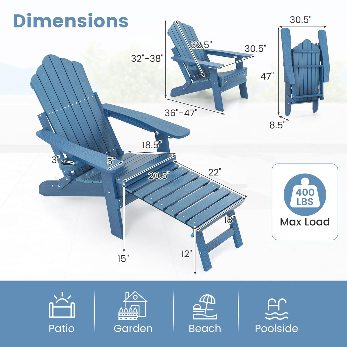 Folding Adirondack Chair with Adjustable Backrest and Ottoman C395518