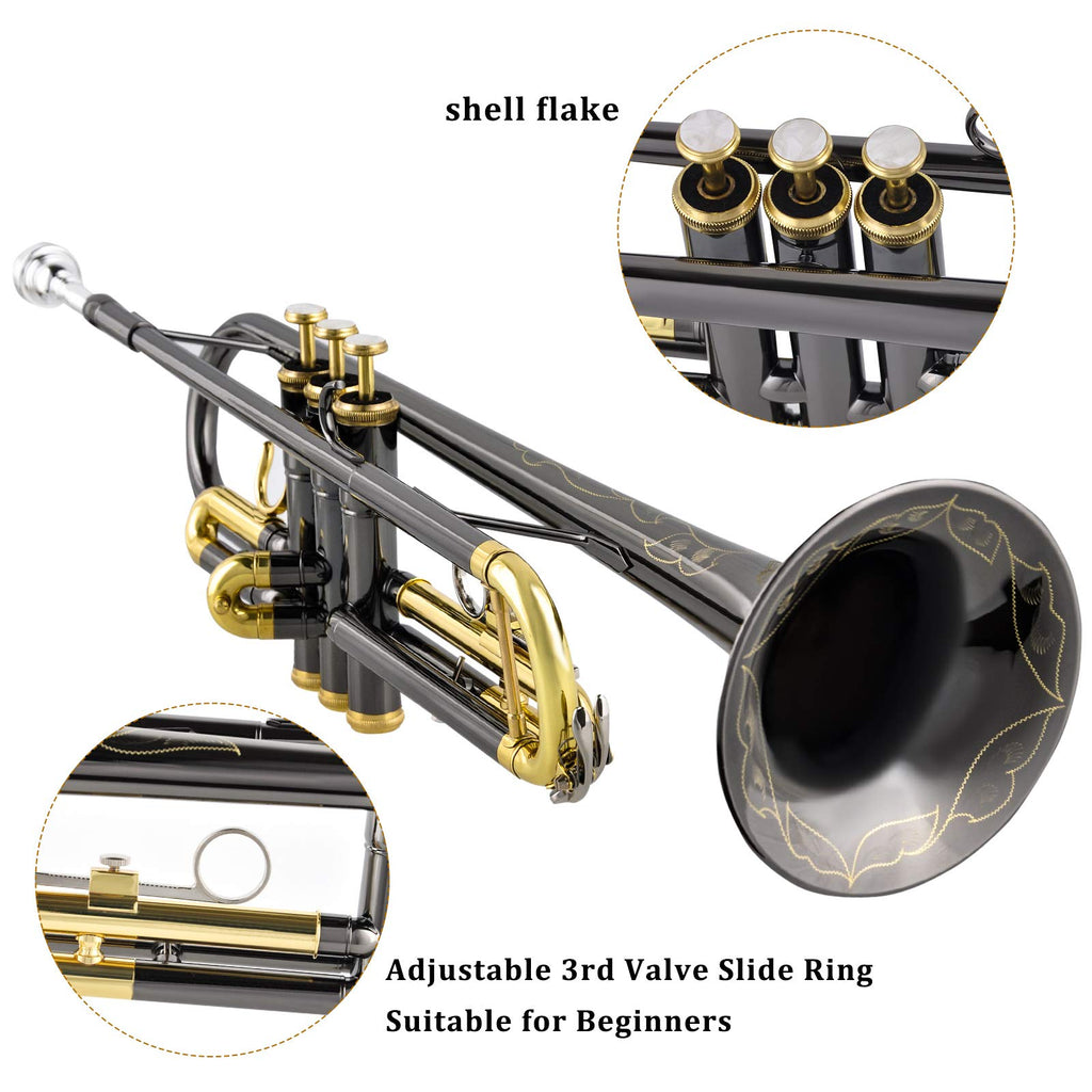Bb Trumpet Set with Carrying Case, Gloves, 7C Mouthpiece, Tuning Rod, Black Nickel W709
