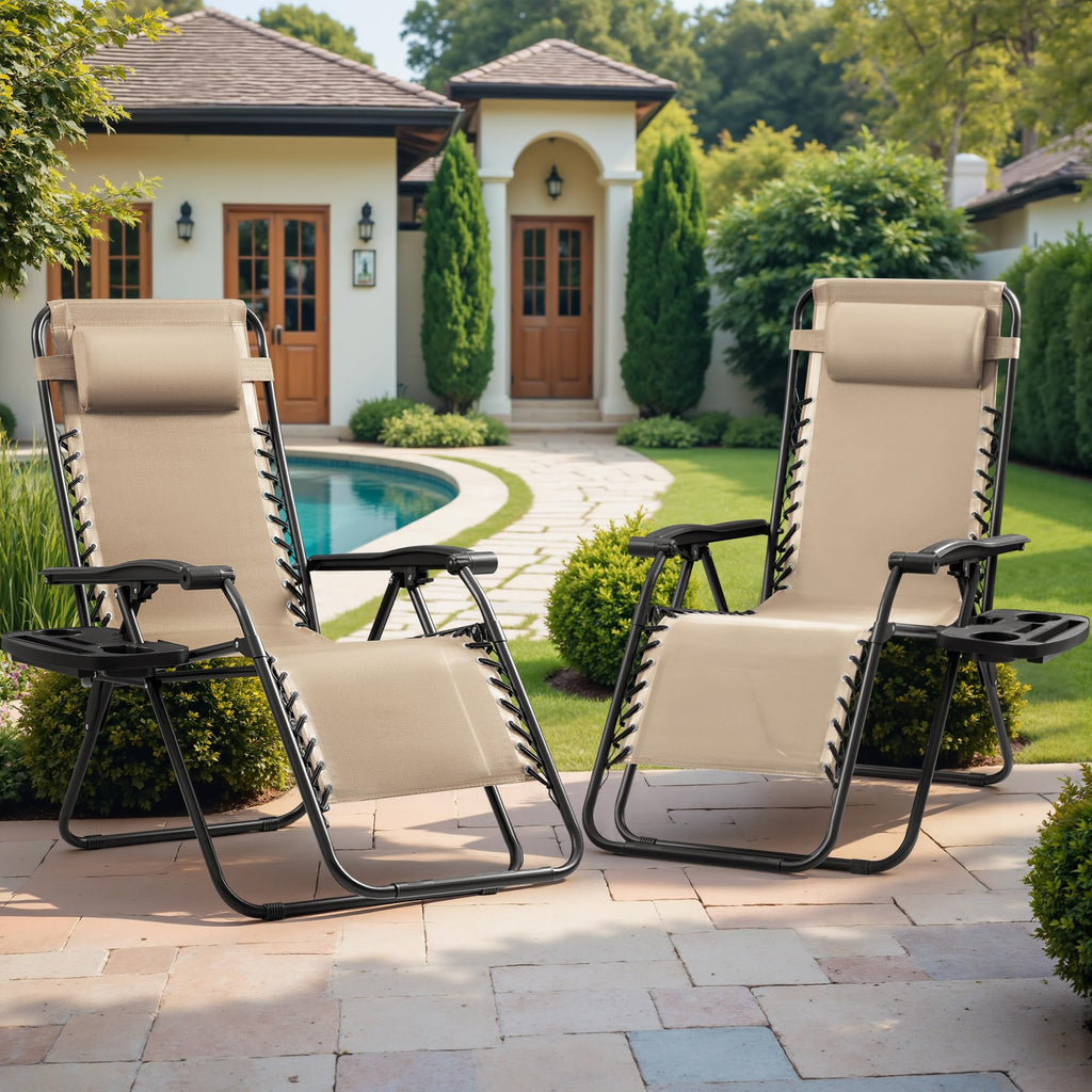 Set of 2 Beige Adjustable Steel Mesh Lounge Chairs with Cup Holder A706