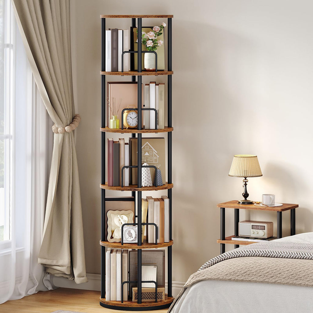 5-Tier Rotating Bookshelf, 360° Spinning Bookcase, Rustic Brown N289826