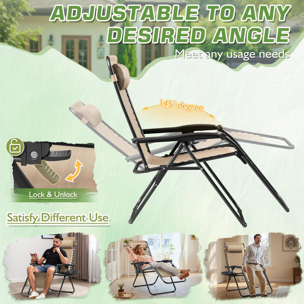 Set of 2 Beige Adjustable Steel Mesh Lounge Chairs with Cup Holder A706