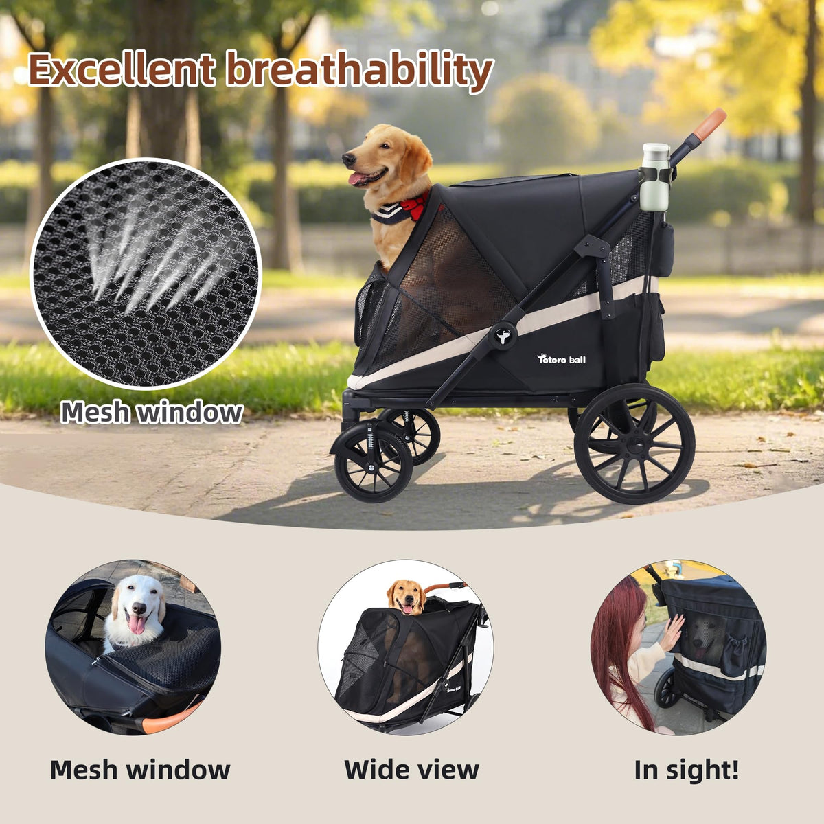 Black Large 4 Wheel Dog Stroller with Storage Pocket M933