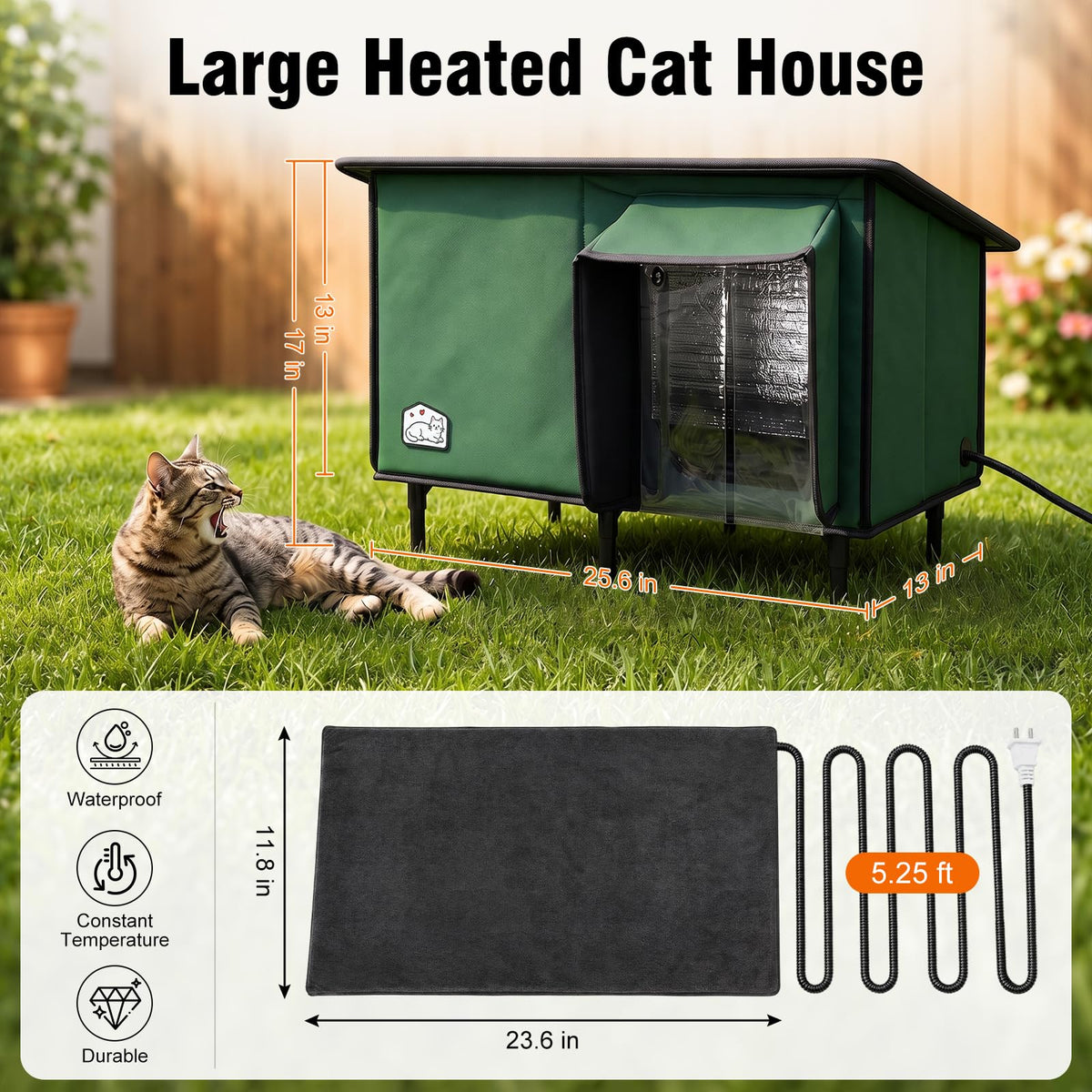 Weatherproof Insulated Heated Cat House with Heating Pad A85044