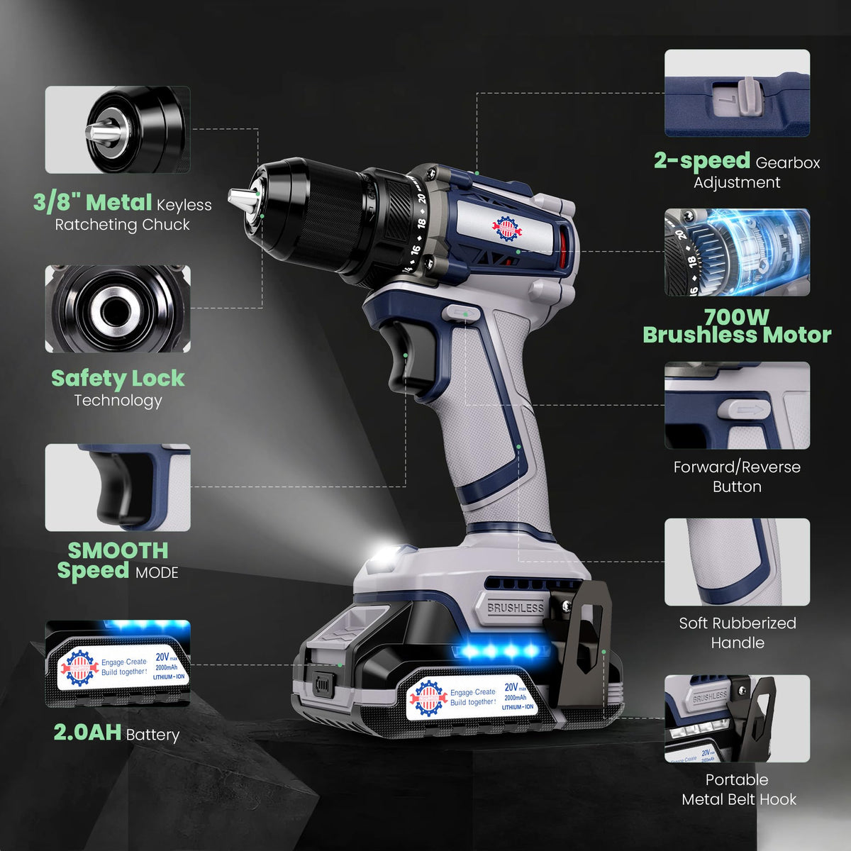 Brushless Cordless Drill Set 70N.m 3/8" Keyless Metal Chuck S746713