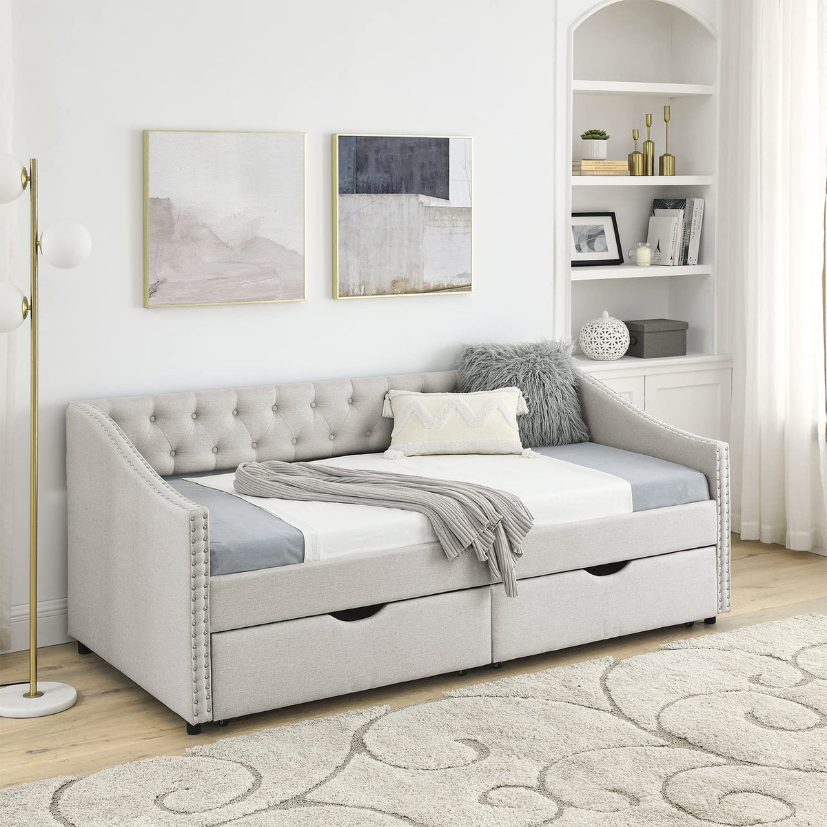 Beige Twin Size Upholstered Daybed with Drawers T887968