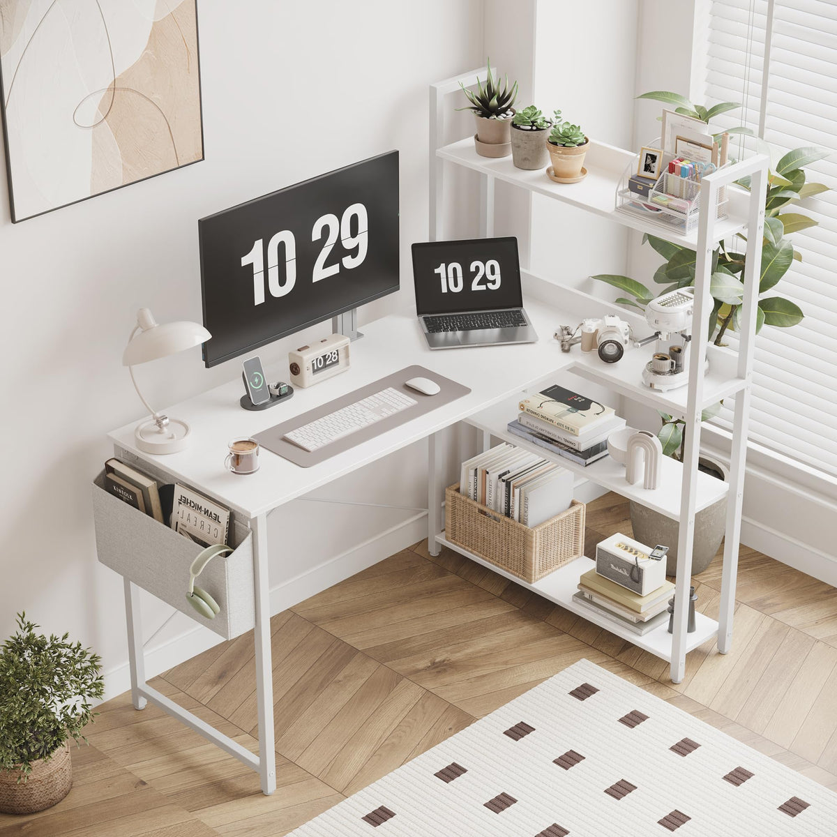 47 Inch White Computer Desk with Bookshelf T902